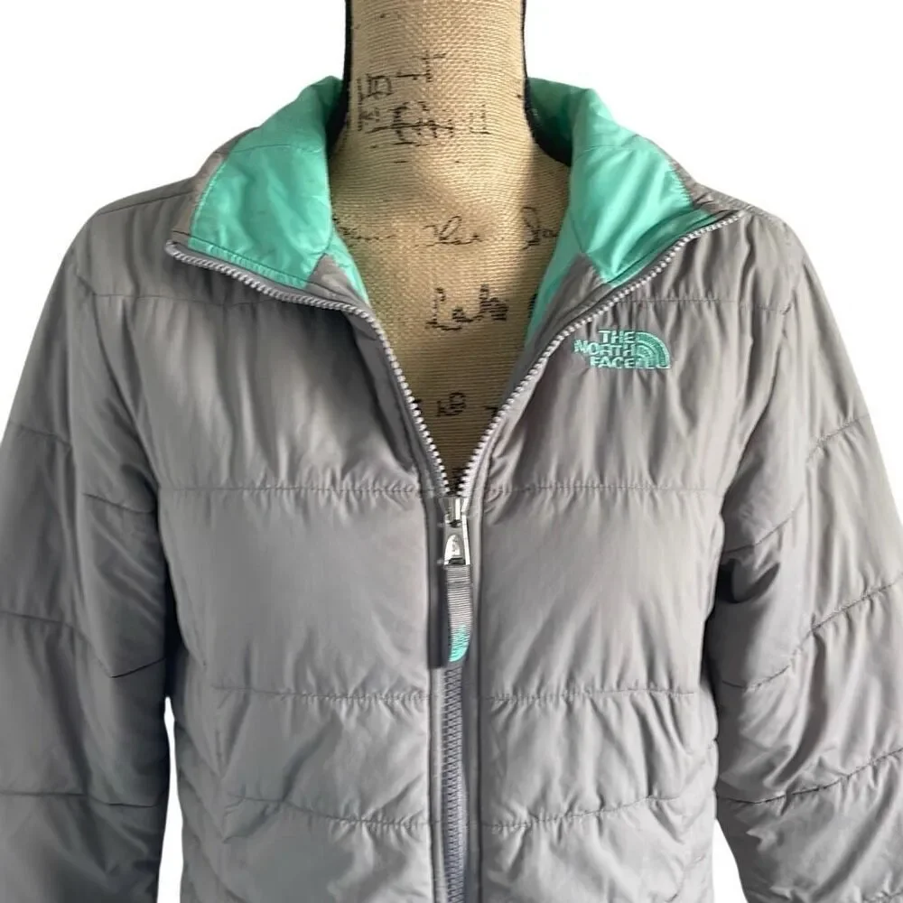 EUC! The North Face Gray Teal Mock Turtle Zip Up Puffer Jacket - Girls XL/Women’